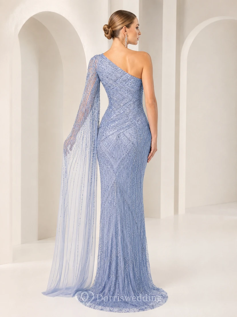Light Blue One Shoulder Beaded Cape Mermaid Evening Dress view 2