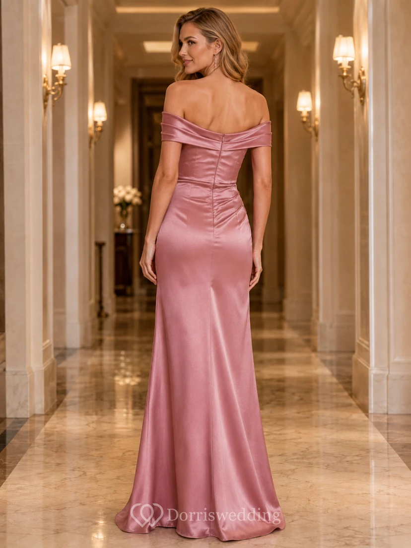 Red Carpet Evening Dusty Rose Elegant Modern Sexy Sheath Satin Bridesmaid Dress with Off Shoulder Sweetheart Sleeveless Floor-Length Slit Skirt Ruching Low Back view 2