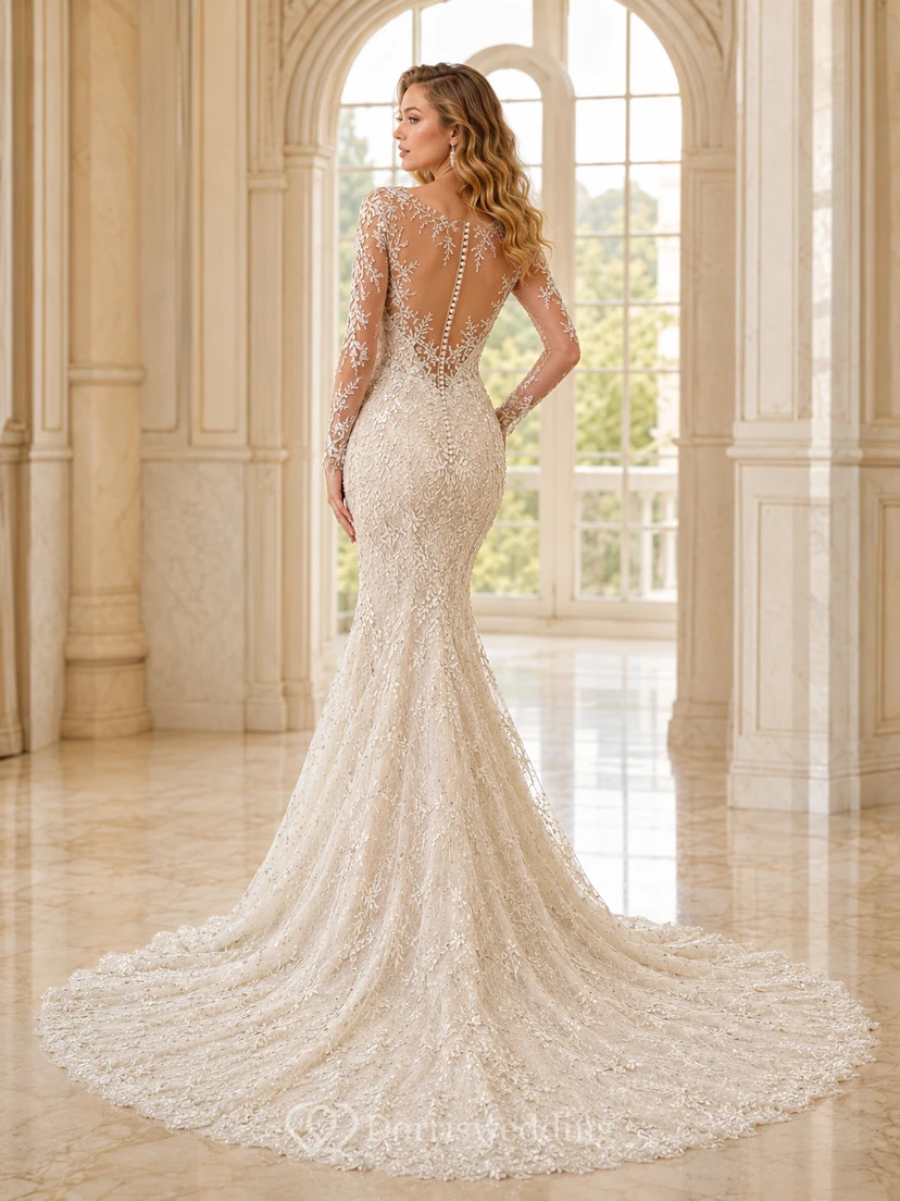 Robe de mariée sirène en dentelle à décolleté plongeant en V et manches illusion longues, coupe cathédrale, en dentelle view 2