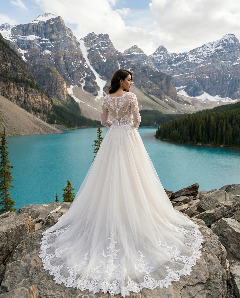 Robe trapèze en tulle et dentelle appliquée à manches longues view 2