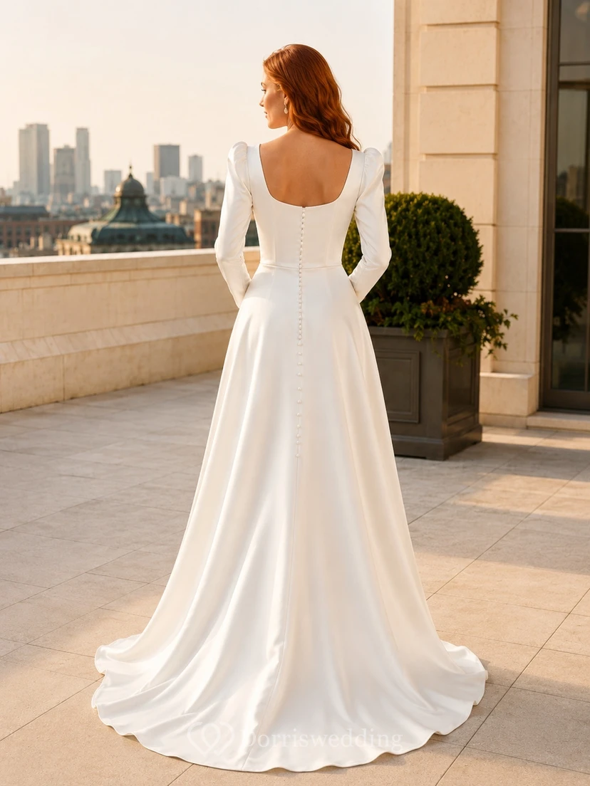 Langärmeliges, schlichtes Satinkleid mit eckigem Ausschnitt, A-Linie, Falten und geschwungenem Rock – perfekt für eine intime Hochzeit view 2
