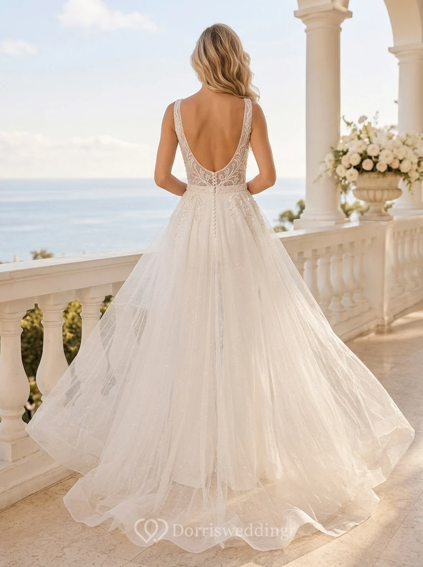 White V-Neck Lace Bridal Jumpsuit with Tulle Overskirt view 2