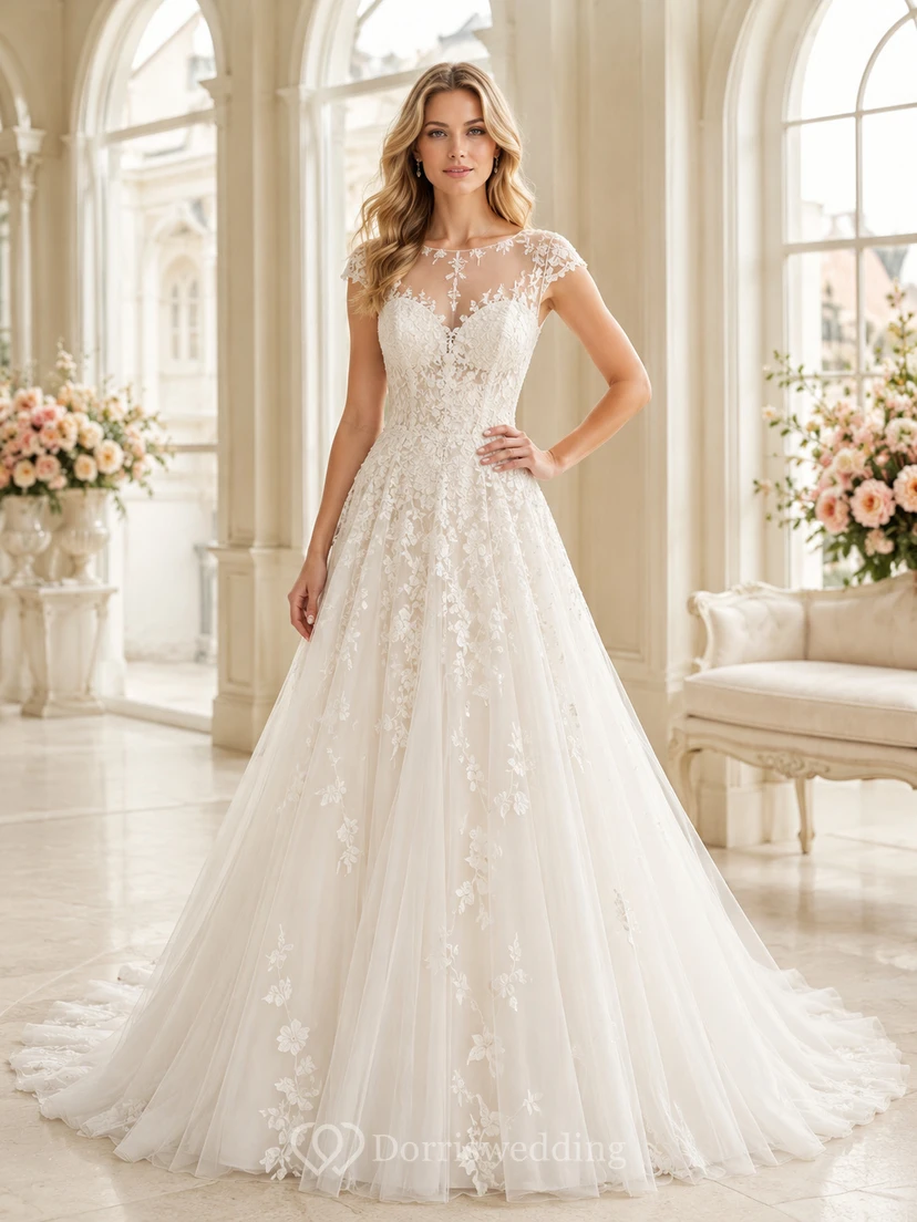 Robe de mariée romantique à manches courtes, coupe bateau, dentelle florale, ligne A et traîne chapelle