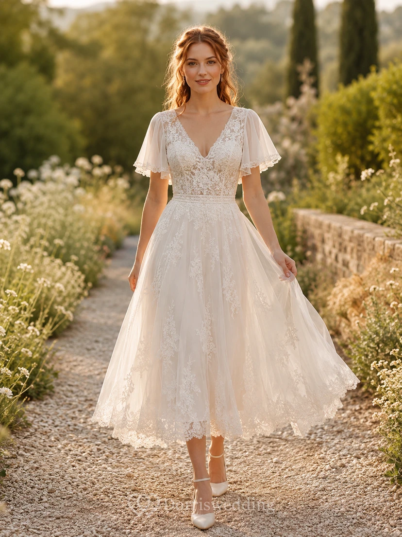 Vintage Lace Tulle Wedding Dress A-Line V-Neck Short Sleeve Tea Length Bridal Gown