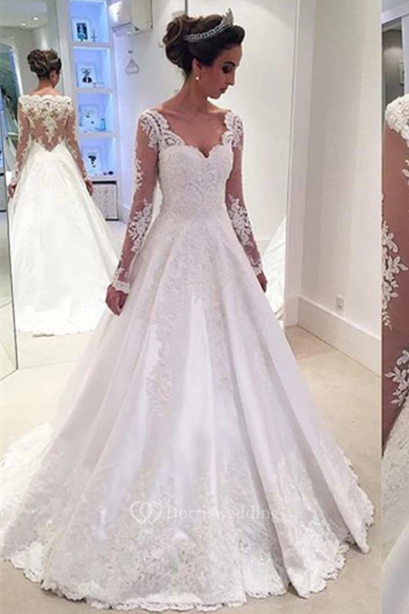 Langes Spitzenkleid mit langen Ärmeln, V-Ausschnitt, A-Linien-Schnitt und Illusionsrücken