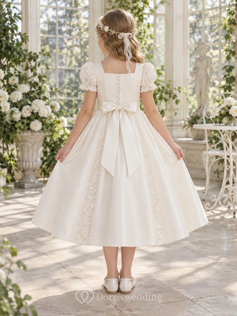 Square Neck Ivory Puff Sleeve Lace Panel Bow Sashed Tea-length Satin Flowergirl Dress view 2