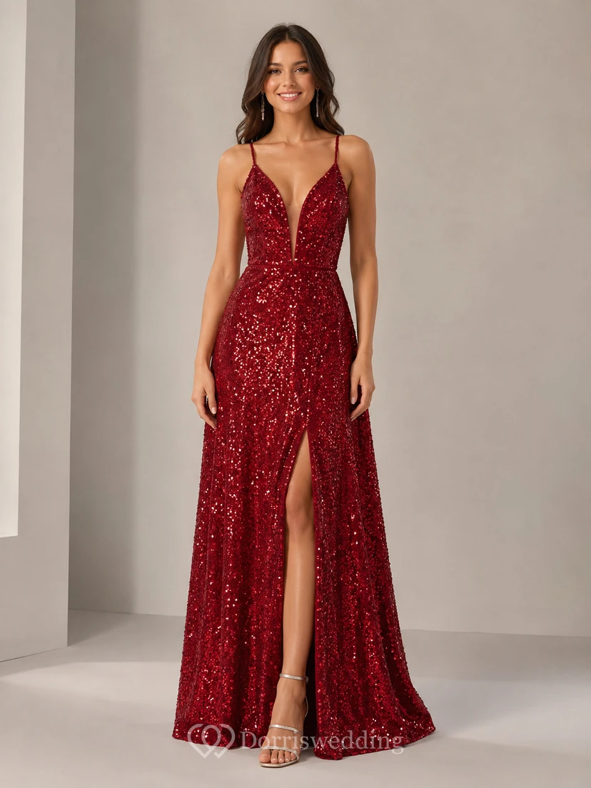 A-Linien-Abendkleid mit Pailletten, V-Ausschnitt, ärmellos, mit Paillettenbesatz und Schlitz vorne, bodenlang