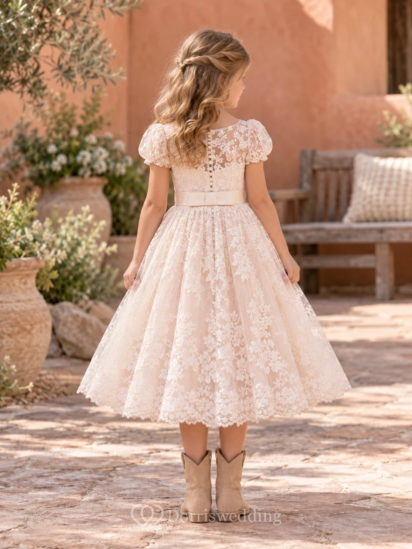 Country Blushing Pink Puff Sleeve Lace Flower Girl Dress view 2
