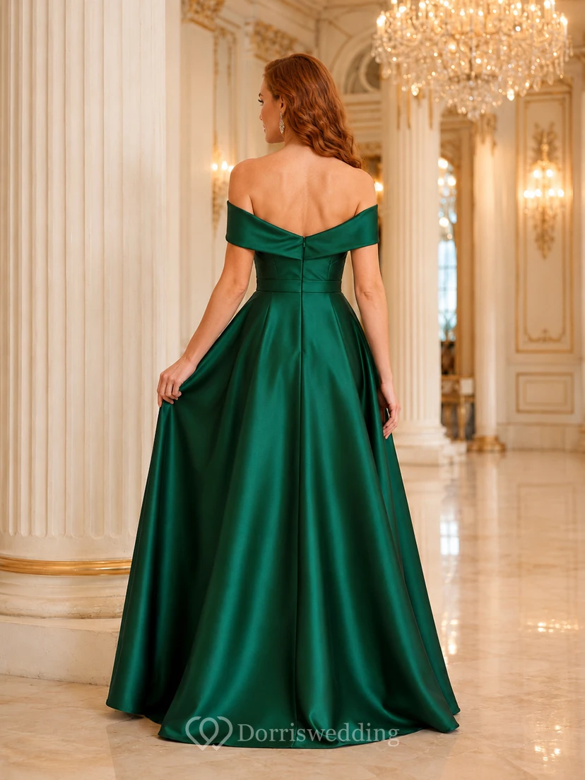 Emerald Off Shoulder Satin Ball Gown Winter Formal Dress view 2