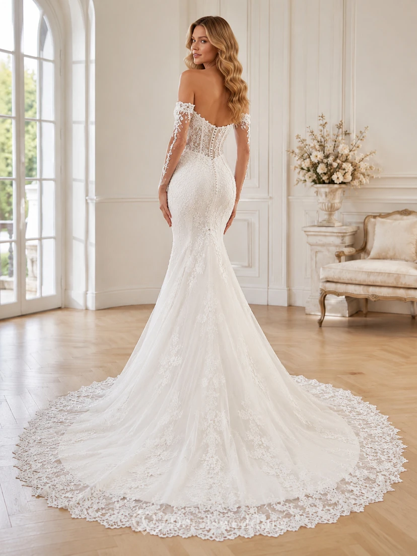 Robe de mariée sirène luxueuse en dentelle florale à épaules dénudées et manches longues, ornée d'épaules et de traîne chapelle view 2