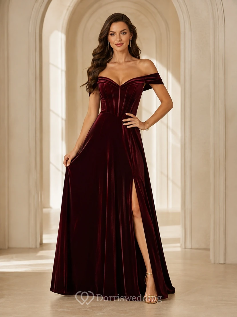 Burgundy Evening Dress Mermaid Velvet Off-the-Shoulder Ruched Sweep Train Sexy Gown