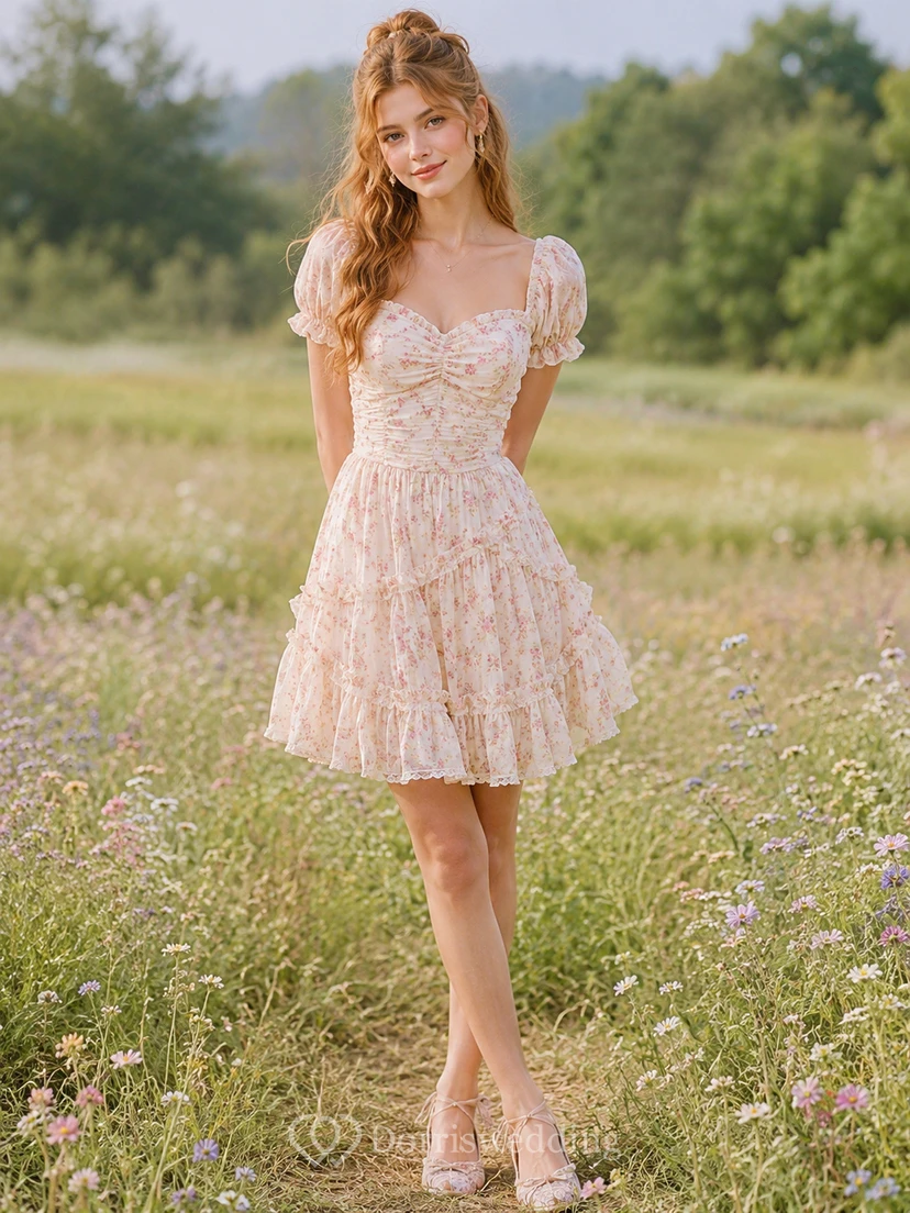 Rosafarbenes, geblümtes Minikleid mit Puffärmeln und Smokdetails, gestuft und mit Puffärmeln