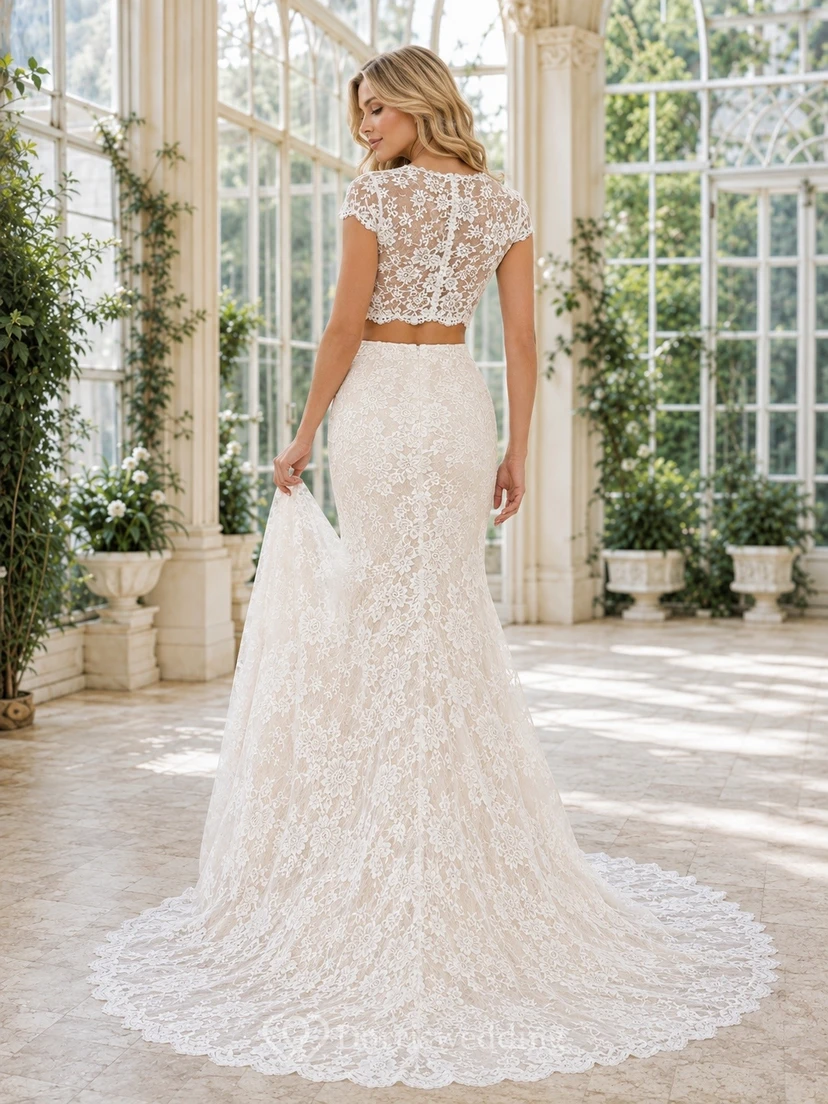 Boho Square Neck A-line Lace Sweep Train Wedding Dress Formal view 2