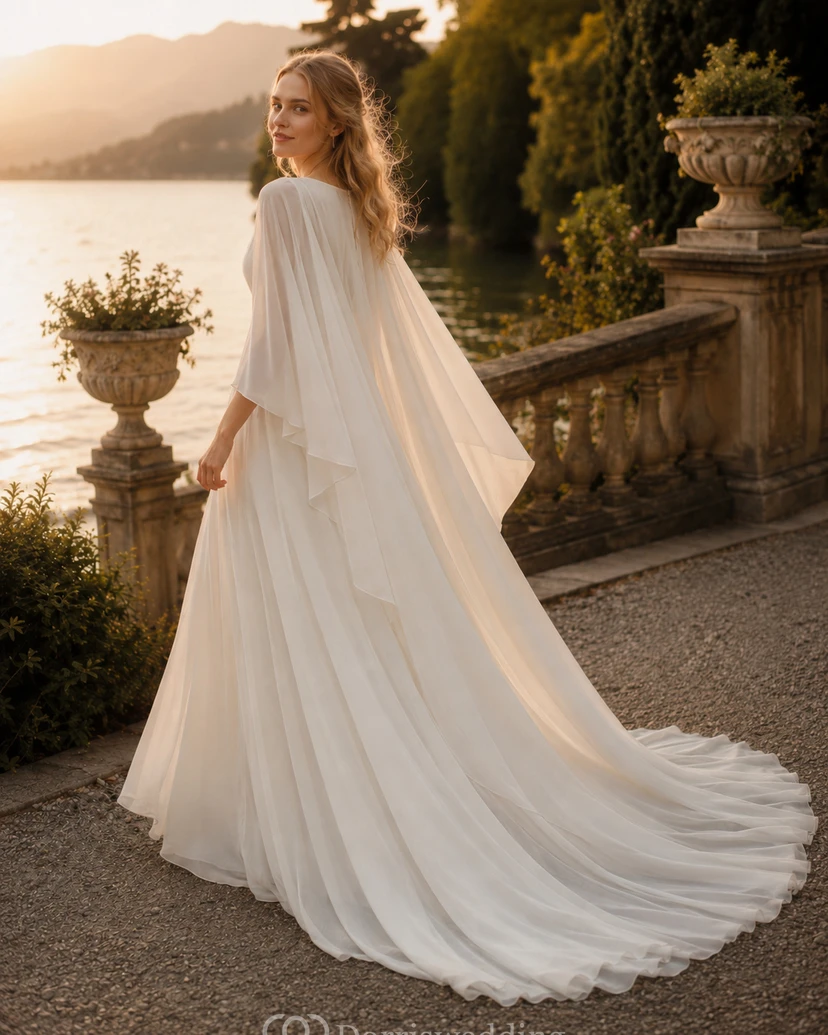Brautkleid im griechischen Stil aus Chiffon mit tiefem Ausschnitt, langen Ärmeln und Watteau-Schleppe im Fairy Empire-Stil. view 3
