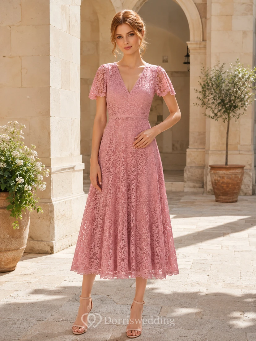 Dusty Rose Lace Cap Sleeve Tea Length Wedding Guest Dress