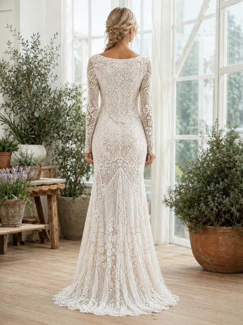 Boho-Hochzeitskleid mit eckigem Ausschnitt, langen Ärmeln, Meerjungfrauen-Stil, bodenlang, sexy und luxuriös, aus Spitze view 2