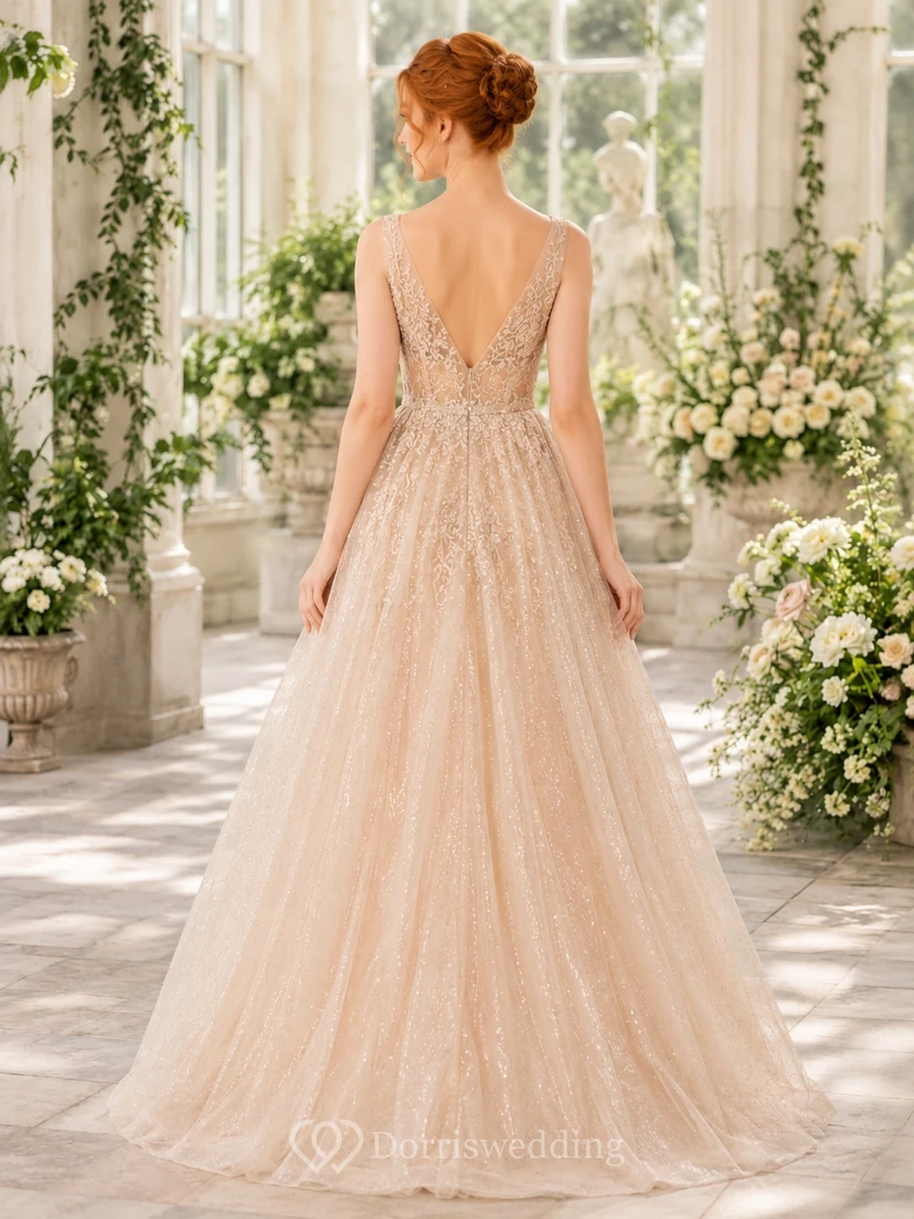 Champagne Romantic Floral Lace Cap-Sleeve A-Line Formal Evening Gown view 2
