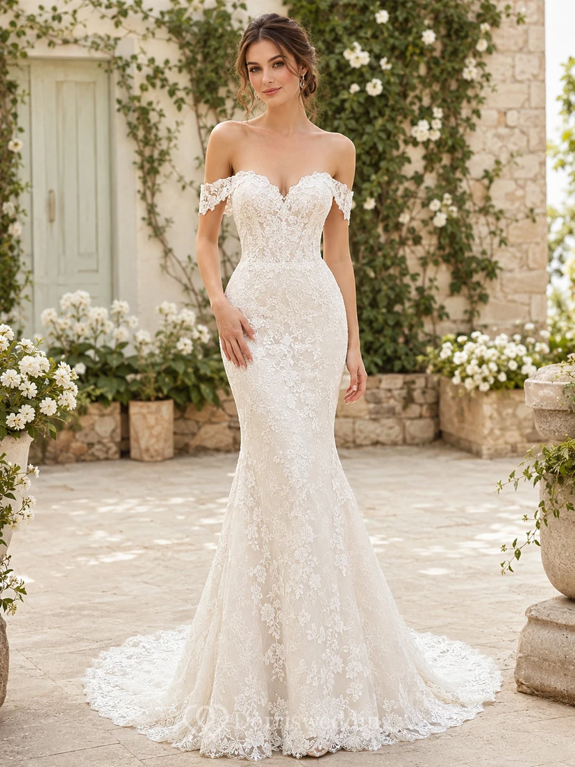 Romantic Off Shoulder Lace Wedding Mermaid Short Sleeve Chapel Train