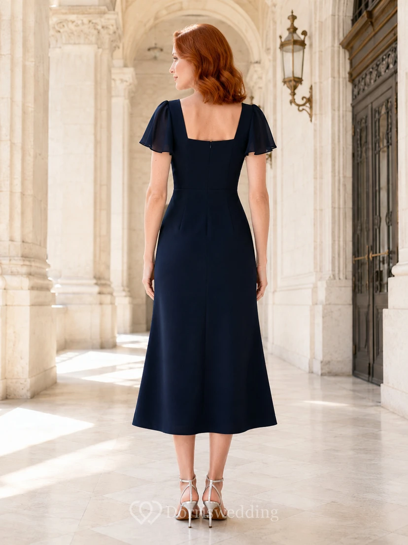 City Hall Dark Navy Square Neck Crepe Sheath Tea-Length Short Sleeve Dress view 2