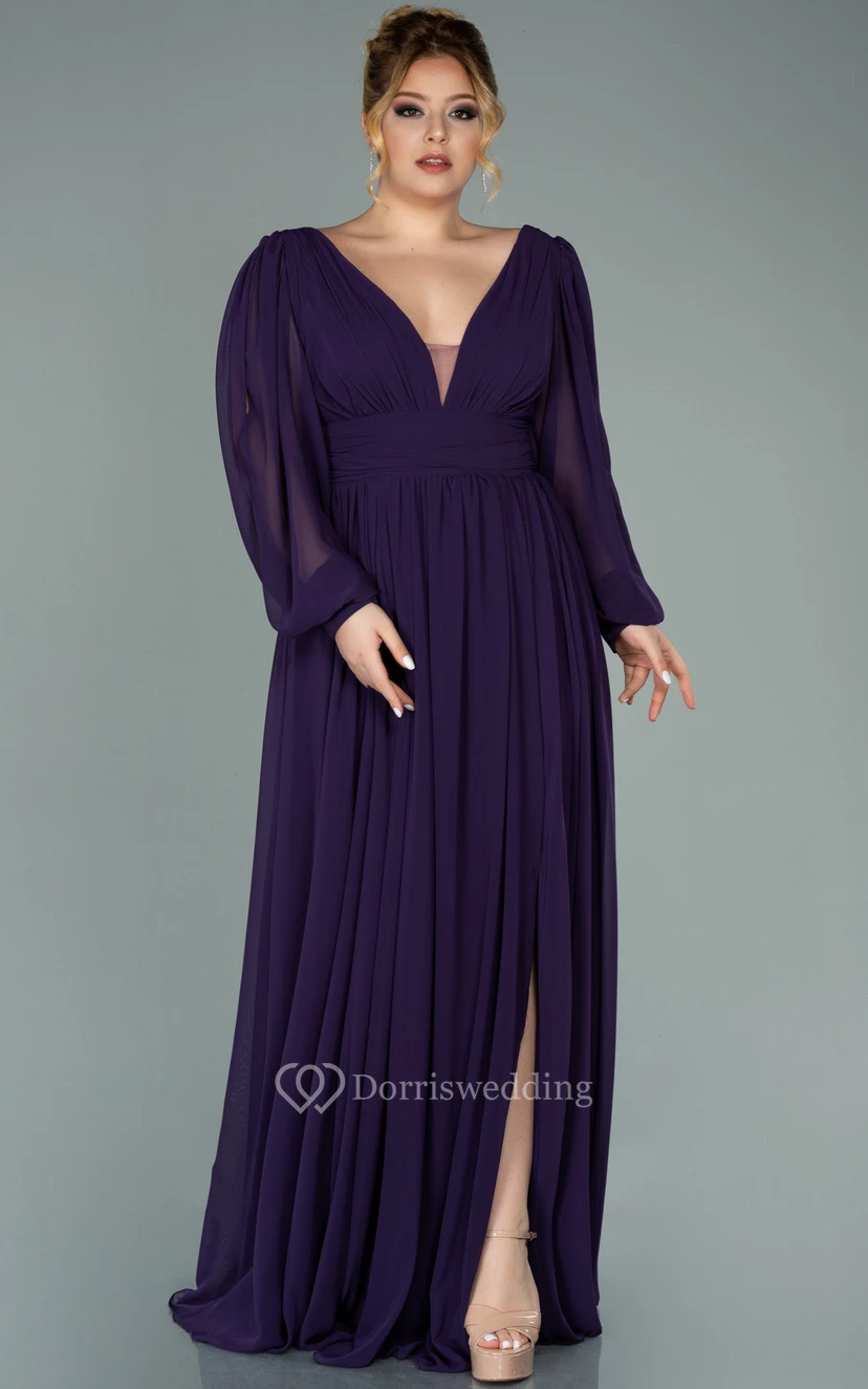 Vestido de noche de gasa con escote en V, manga larga, abertura frontal y pliegues, talla grande view 5