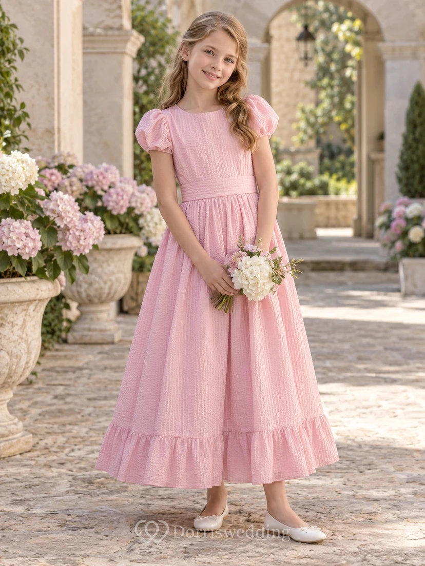 Pink Bateau Puff Sleeve Ruffle Hem Seersucker A-line Flower Girl Dress