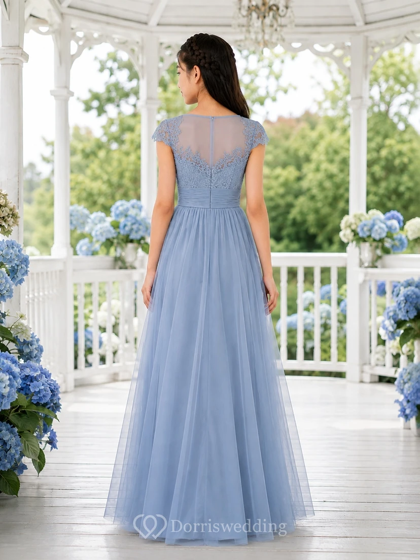 Himmelblaues Brautjungfernkleid für junge Damen, A-Linie, Rundhalsausschnitt, kurze Illusionsärmel, Spitze, Tüll, elegant, romantisch view 2