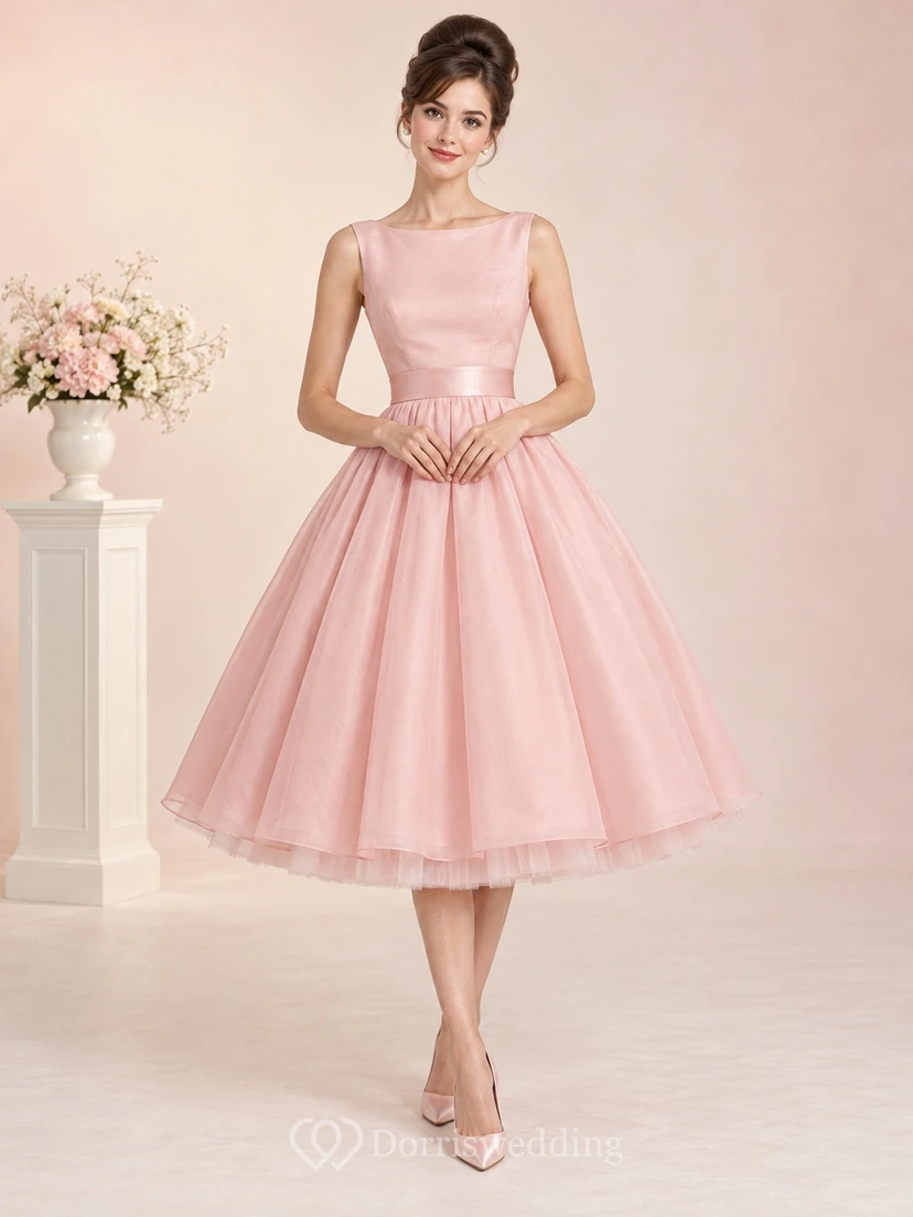 1960s Tea-length Blush Bateau Satin Bodice Tulle A-line Prom Dress
