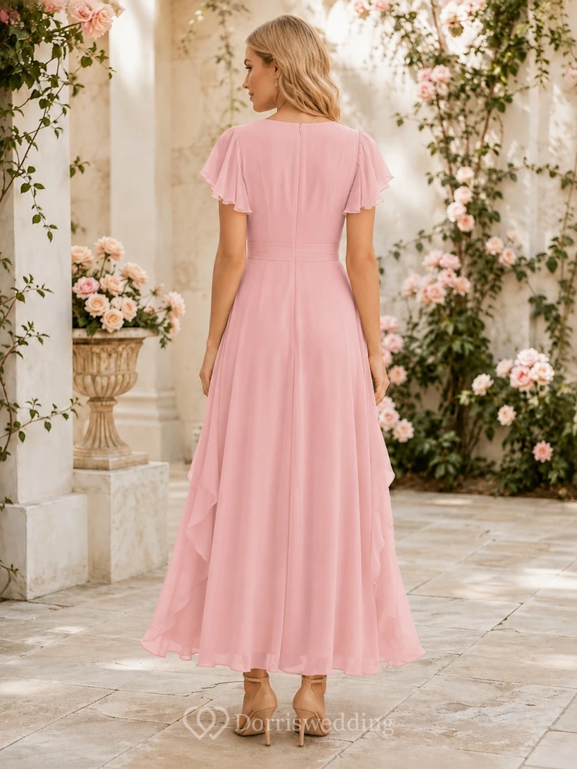 Pink Chiffon V-neck Petal Sleeve A-Line Floor-length Ruched Romantic Bridesmaid Garden Dress view 2