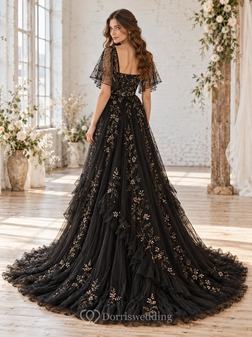 Boho Black Square Neck Flutter Sleeve Embroidered Wedding Dress view 2
