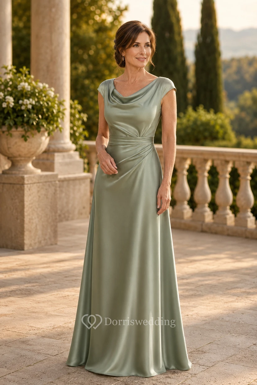Salbeigrünes Satin-Mutterkleid in A-Linie mit Wasserfallausschnitt und kurzen Ärmeln