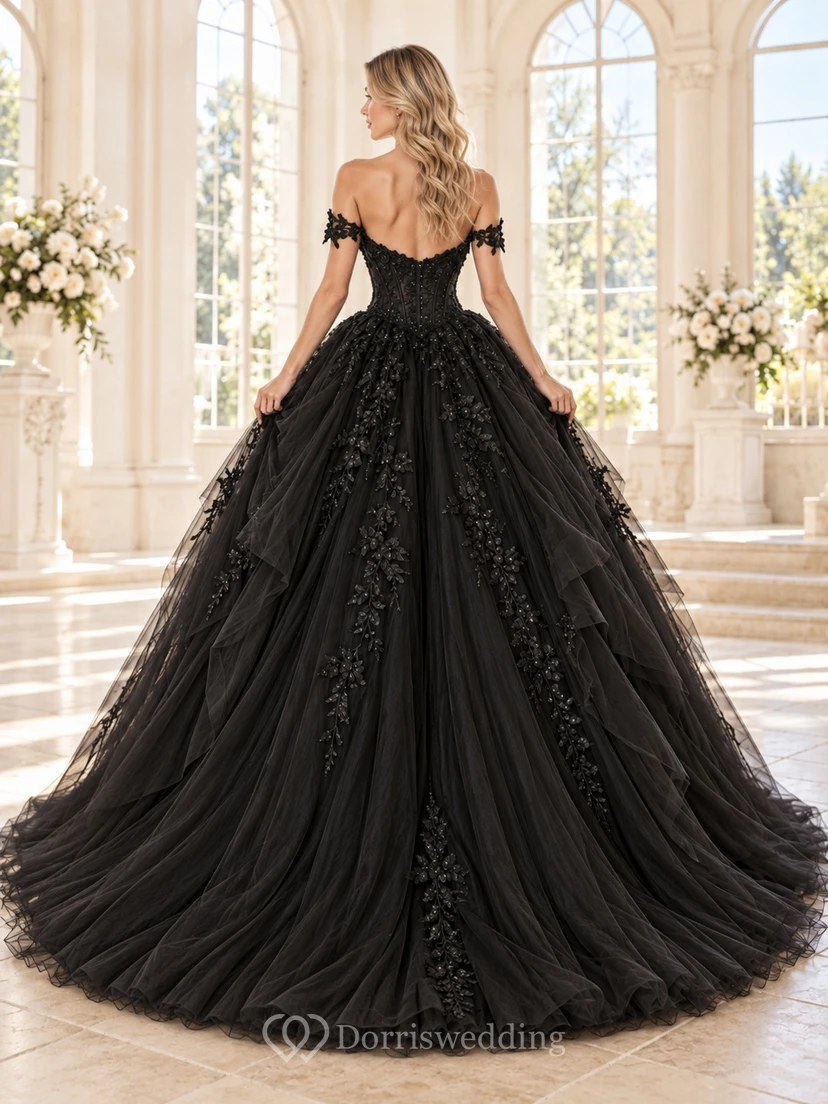 Black Off Shoulder Sweetheart Floral Tulle Ball Gown Wedding Dress view 2