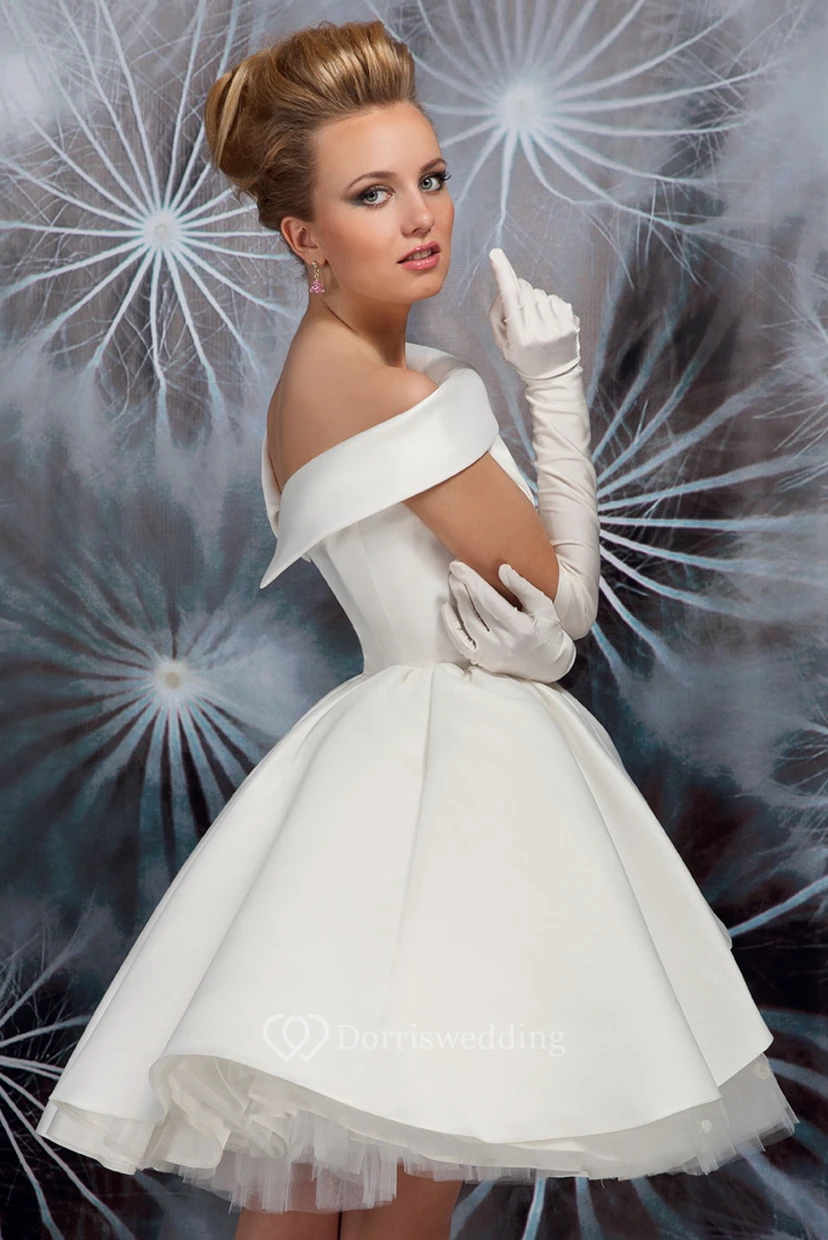 Mini Jewel Floral Satin Wedding Dress With Pleats And V Back view 2