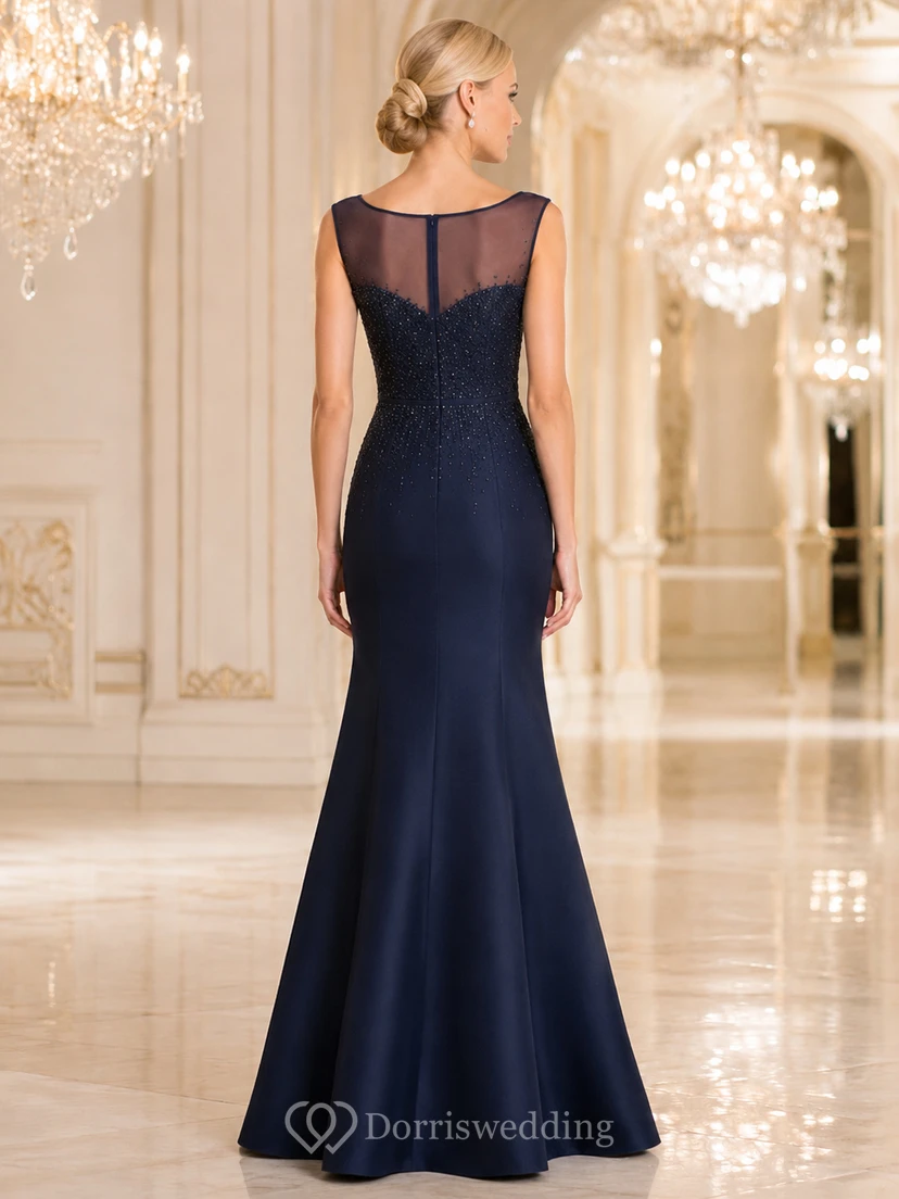 Dunkelblaues Illusion-Bateau-Satin-Trompetenkleid view 2