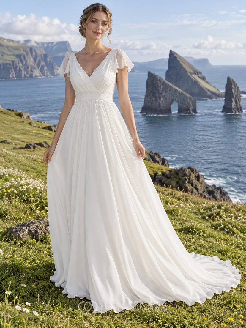 Vestido de novia sencillo de corte A con escote en V, mangas con volantes, corpiño fruncido y cola.