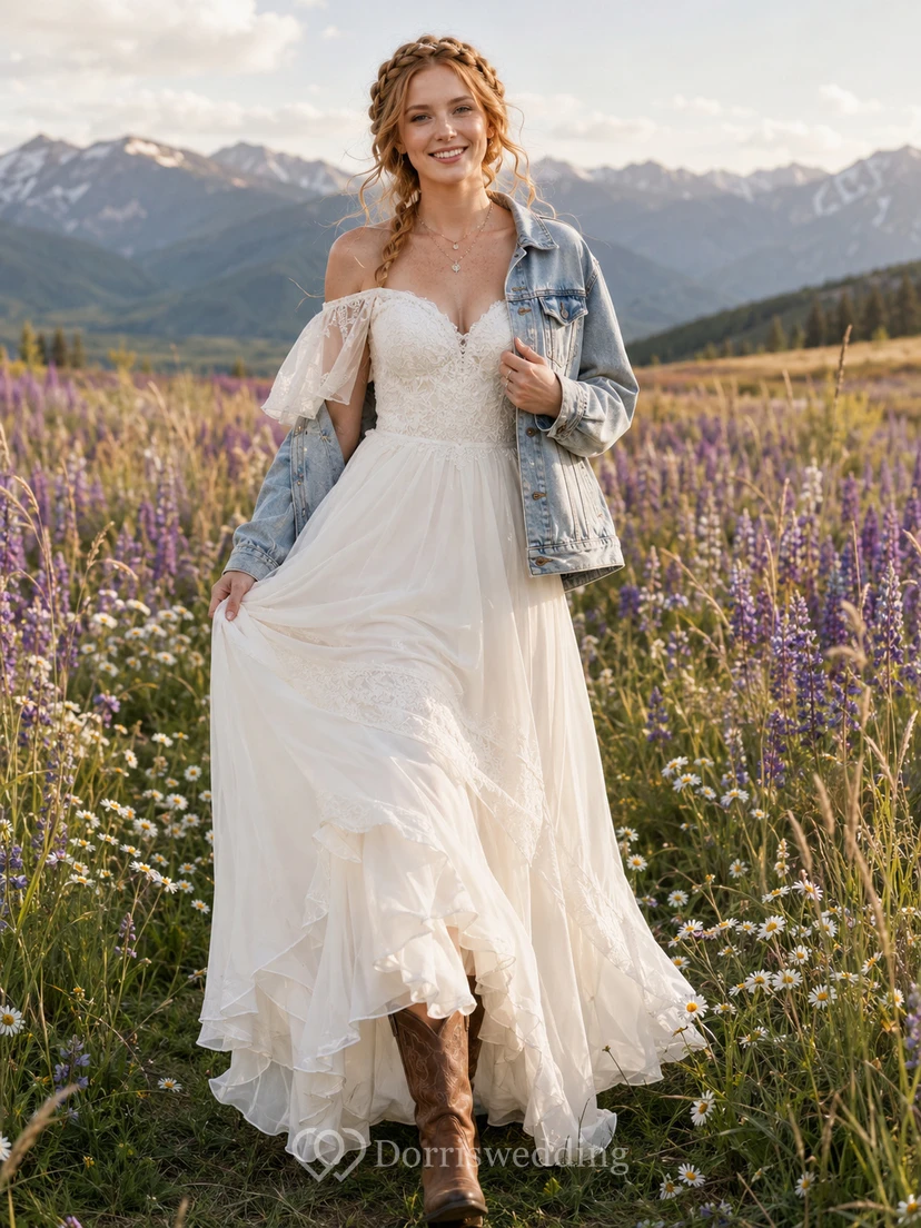 Robe de mariée trapèze décolletée avec veste en jean style western rustique