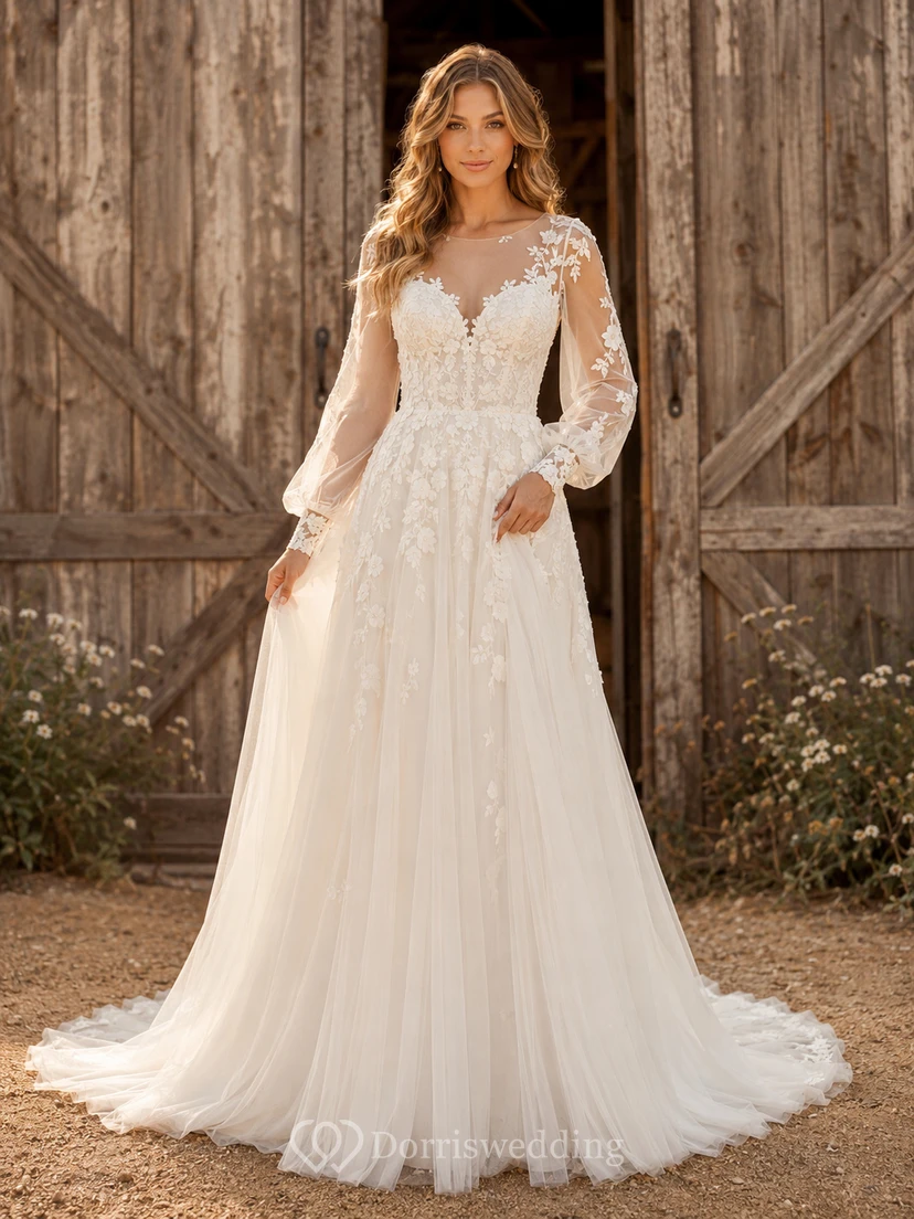 Robe de mariée champêtre en dentelle, coupe trapèze, col en V, manches longues, traîne chapelle