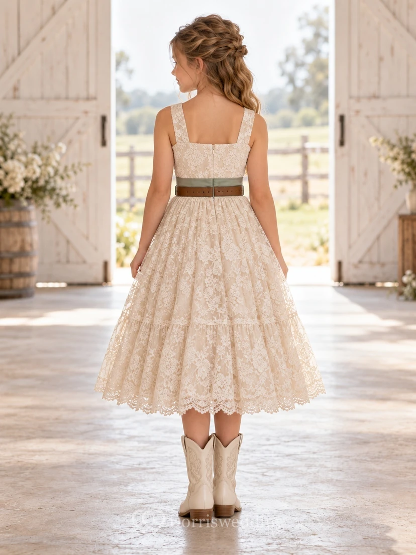 Country Ivory Square Neck Belted Lace Flower Girl Dress view 2