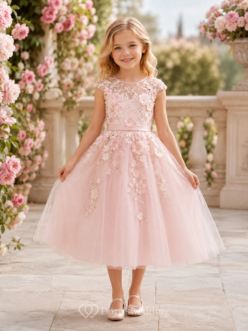 Vestido romántico de encaje y tul con corte en A para niña de las flores y mangas cortas.