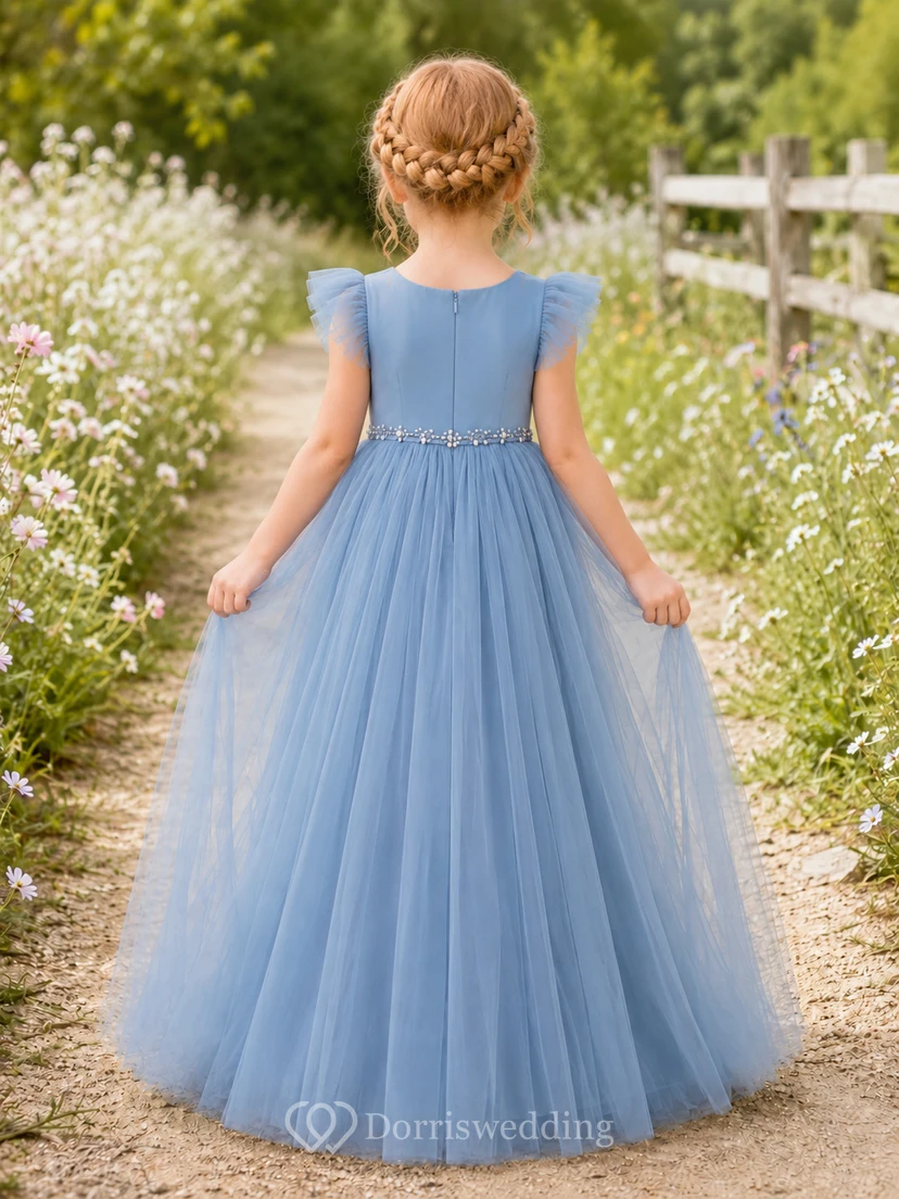 Blaues Tüllkleid für Blumenmädchen mit Perlenbesatz an der Taille view 2