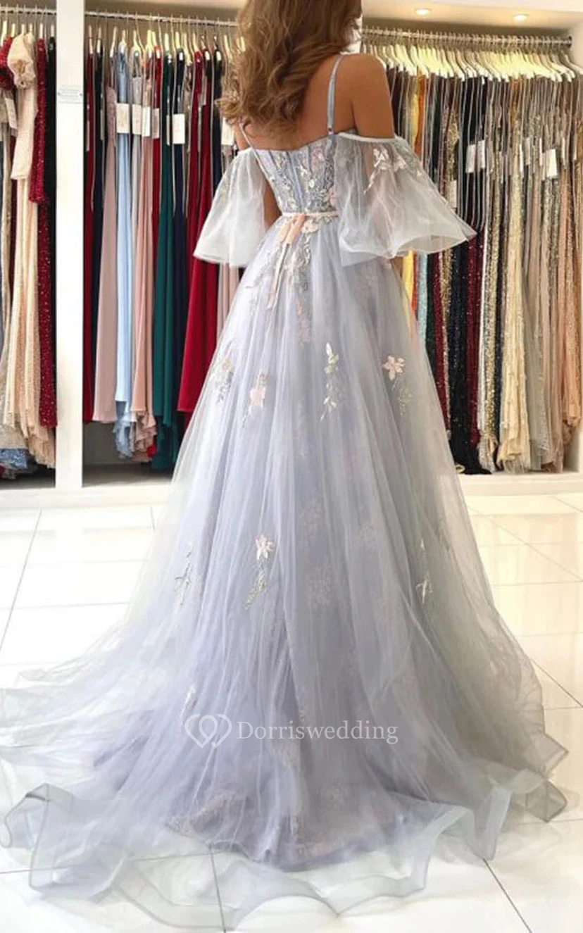 Spaghetti ofs Tulle Lace Applique Pleated Flowy Prom Dress view 2