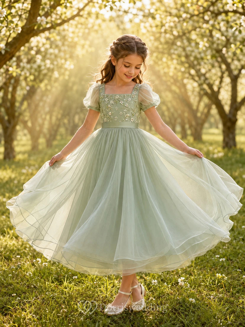 Blumenmädchenkleid Salbeigrün, Spitze, Tüll, A-Linie, Puffärmel, Rundhalsausschnitt, Teelänge, Falten