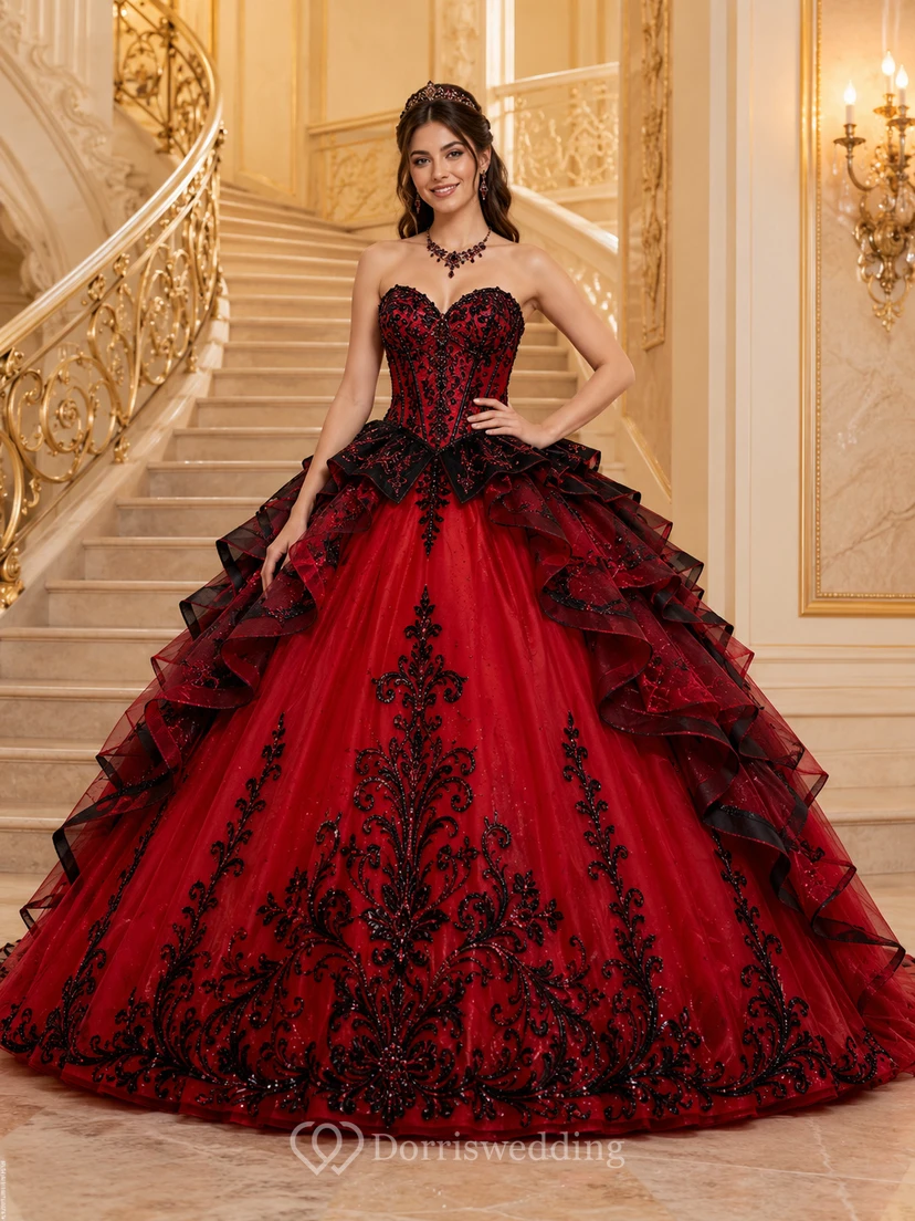 Robe de bal de princesse rouge et noire de luxe, sans bretelles, décolleté cœur et volants cascade, pour quinceañera