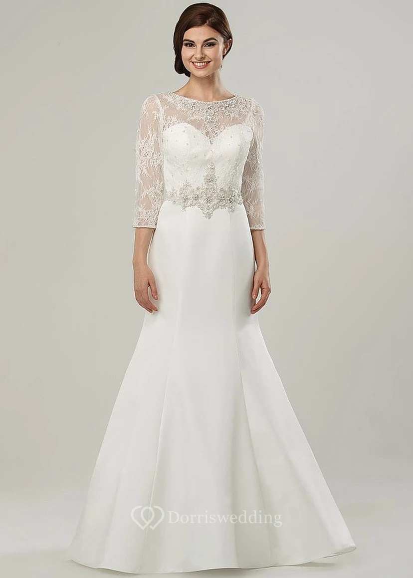 Maxi Scoop Appliqued 3-4-Sleeve Satin Wedding Dress With Sweep Train And Illusion