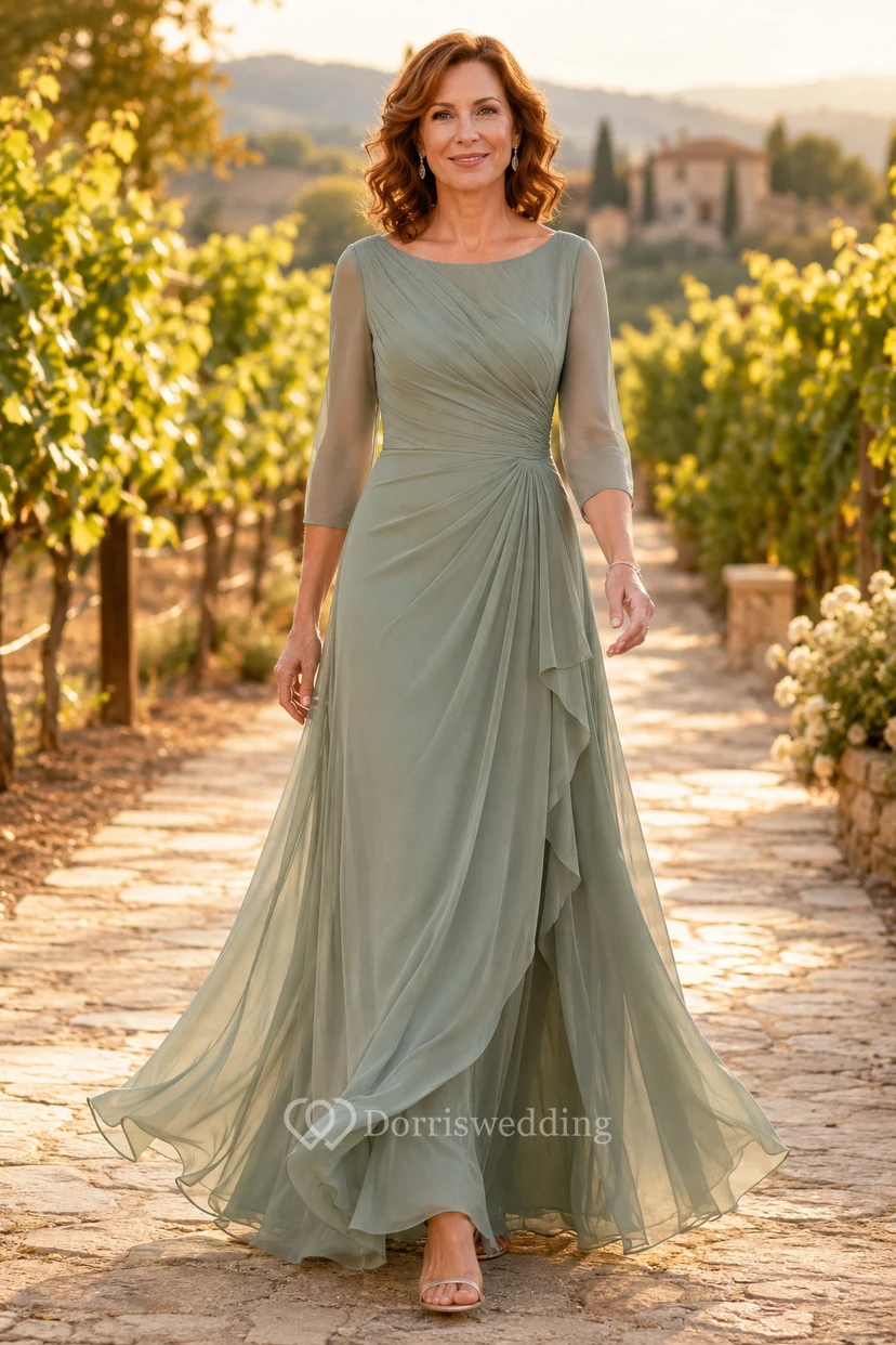 Salbeigrünes Chiffon-Kleid in A-Linie mit Rundhalsausschnitt und Dreiviertelärmeln