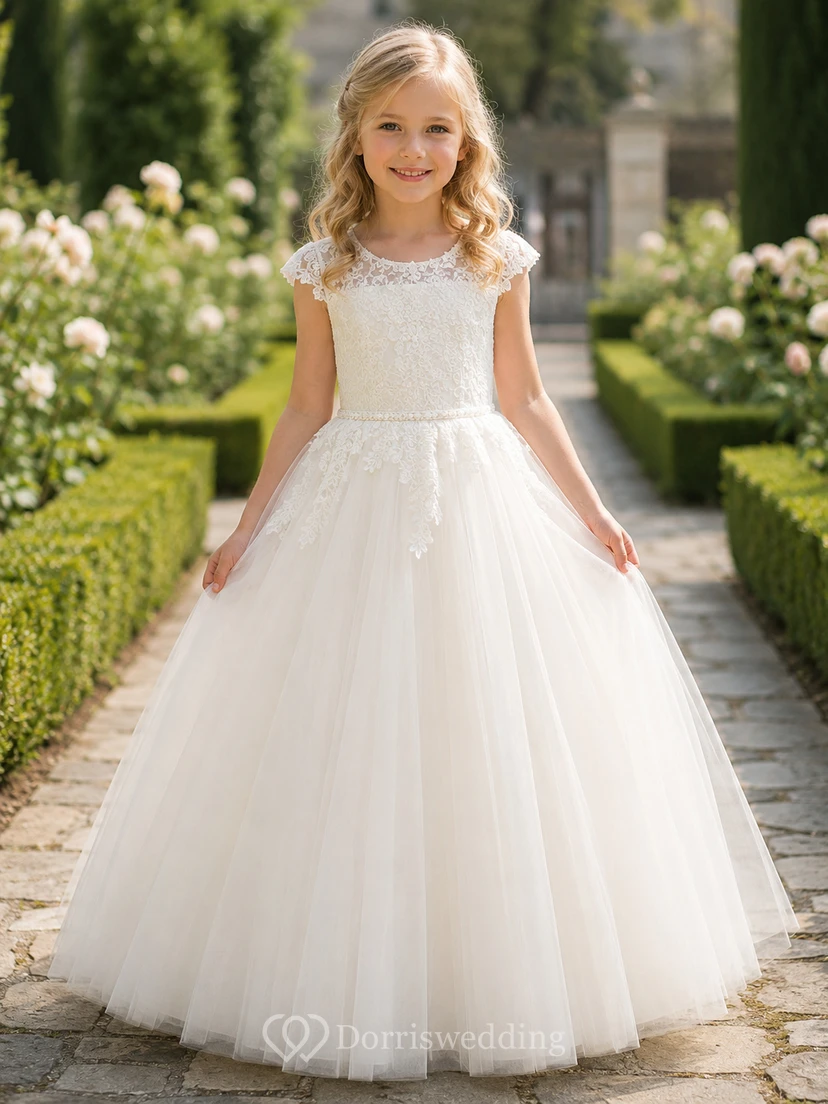 Flower Girl Dress Ivory Lace Tulle A-Line Jewel Neck Tea Length