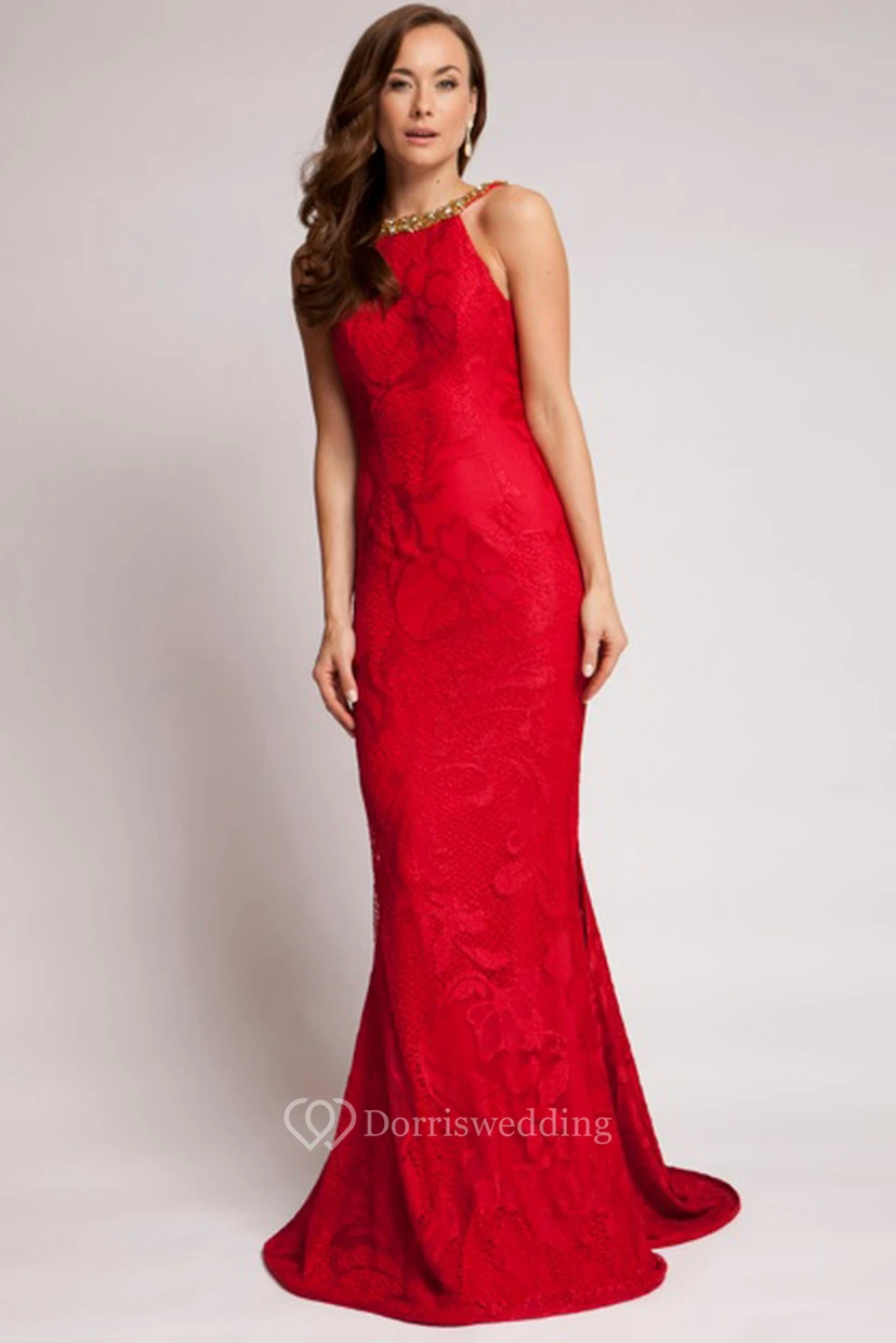 Sheath Floor-Length Beaded Sleeveless Scoop Lace Prom Dress With Backless Style And Appliques