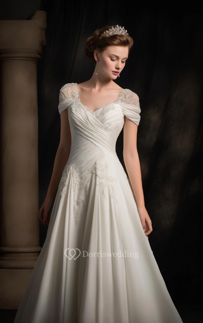 Robe de mariée trapèze en mousseline de soie à imprimé empire et appliques, ornée d'un bonnet croisé view 4