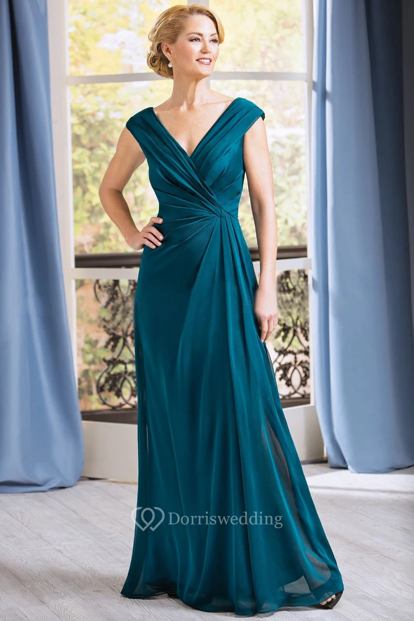 Cap-Sleeved V-Neck Long Gown With Pleats And V-Back