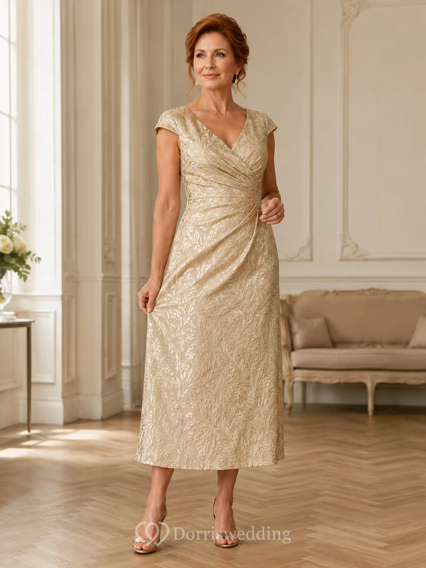 Soft Gold Elegant V-Neck Jacquard A-Line Tea-Length Mother of the Bride Midi Dress with Cap Sleeves and Wrap Bodice