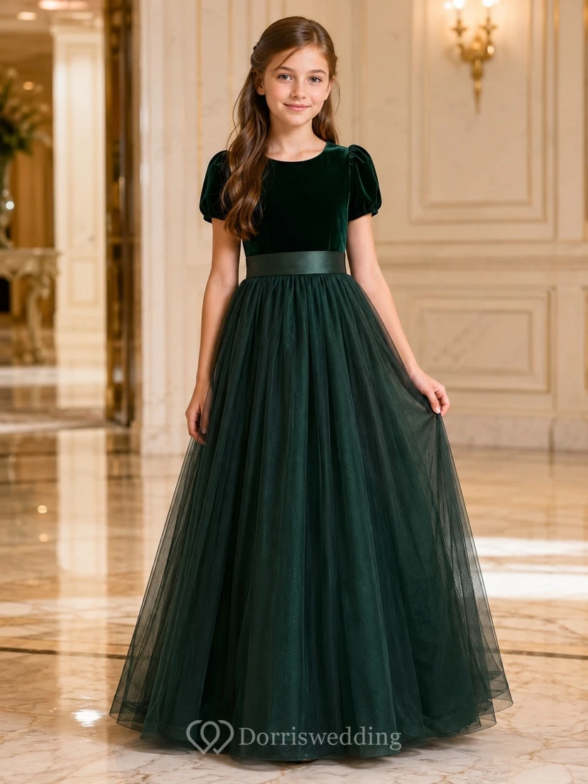 Ball Gown Tulle Velvet Puff Sleeve Dark Green Flower Girl Dress